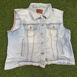 Cache Cache Denim Vest‎ Light Wash Button Front Sleeveless Jean Jacket Large